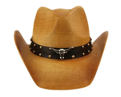 Bull Cowboy Hat Straw Leather Studded Western Riding Men's Hat Fancy • $34.81