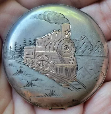 Antique Sterling Silver Pocket Watch Case Plate W Gold Railroad TRAIN Design! • $150