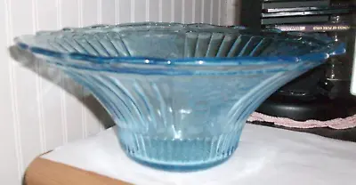 Vintage BLUE Depression Glass Mayfair Open Rose 11 .5  Scalloped Edge Fruit Bowl • $90