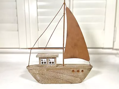 Wood And Metal Sail Boat Decorative Freestanding Nautical Ornament Beach Seaside • £13.99