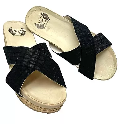 VON DUTCH Crossover Black Embossed Suede Platform Slide Sandals Size 8.5 • $44.99