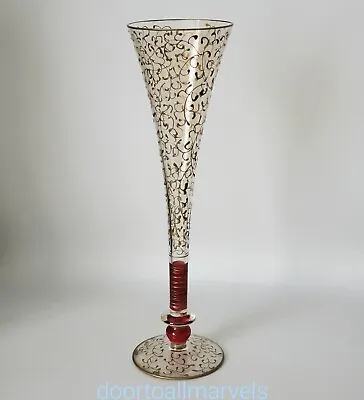 Murano Venetian Glass Stem Champagne 24K Gold Scrolls & Red Festive Holidays • $24