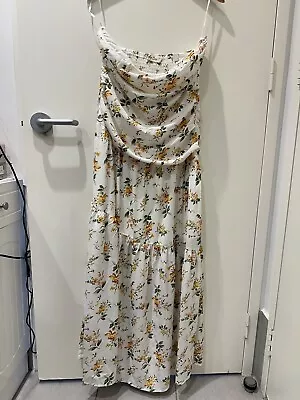 RUBY SEES Dress Maxi 14 Strapless White Yellow Floral Ruching Shirred Amaroso • $50