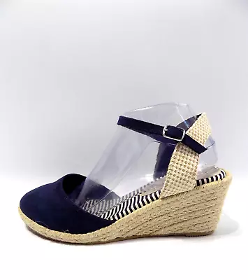 Platform Wedge Sandals Wide Fit Size 7.5 Womens Blue Ankle Strap Espadrille Shoe • £19.95