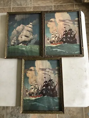 3 Antique N C Wyeth Lithograph Prints The Clipper Ships In The Original Frames  • $95