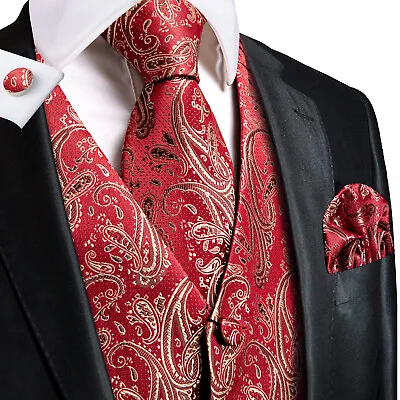 $9.99 • Buy Men's Silk Vest Waistcoat ,Red Paisley Vest Hanky Cufflinks Set S