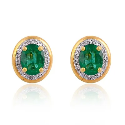Zambian Emerald H/SI Diamond Oval Halo Stud Earrings 14k Yellow Gold 4.25 Tcw • $1984.68