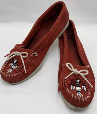 Minnetonka Thunderbird Beaded Suede Moccasins Red & White Size 10 • $24.55