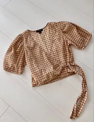 £4 • Buy Camel Beige Gingham Puff Sleeve Wrap Top Size 8 Wrap
