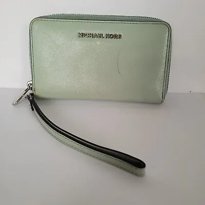 MICHAEL KORS Blue Saffiano Leather Zip Around Wallet Wristlet Phone Clutch 6x4 • $20