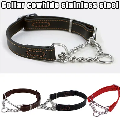 Pet Dog Half Check Choke Leather Chain Adjustable Dog Training Martingale Collar • £11.29