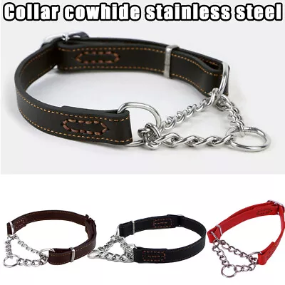 Pet Dog Half Check Choke Leather Chain Dog Training-Martingale Collar Adjustable • £12.59