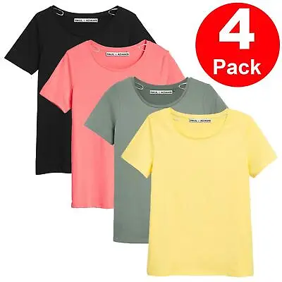 Ladies 4 Pack T-Shirt Plain 100% Cotton Regular Lot T-Shirts Tee Crew Neck 08-18 • £14.99