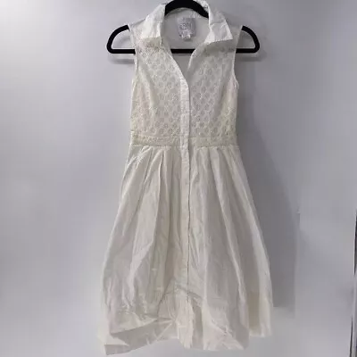 ERIN Fetherston White Collared Sleeveless Dress Size 0 Lace Bodice Button Front • $16.50