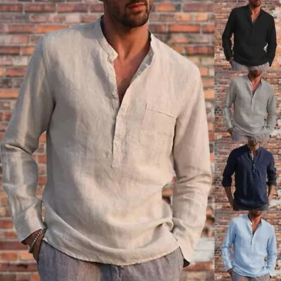 Mens Long Sleeve Linen Shirt Summer Solid Loose Casual Dress Shirt Blouse Tops • $14.99