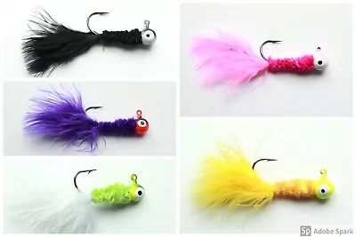 10 Pcs Marabou Crappie Panfish Jigs Feather 1/32 1/16 1/8 Oz Jigheads • $8.99