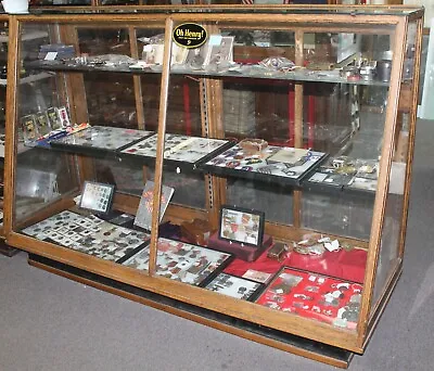 LARGE Antique 5.9 FT OAK & Glass SLANTED Floor Standing SHOWCASE DISPLAY CASE • $795