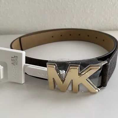 Michael Kors Brown MK Logo Print Womens Belt Medium M Gold MK Buckle MSRP $78 • $39