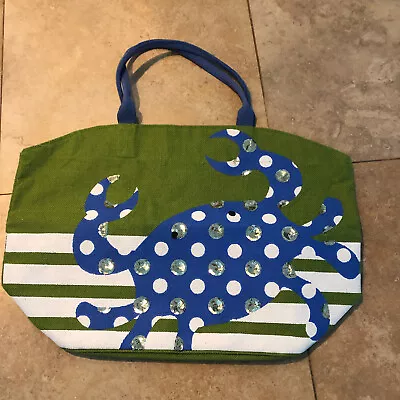 Mud Pie Oversized Jute Blue Crab Tote Bag Green Stripes With Sequin Googly Eyes • $17.95