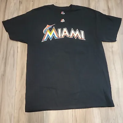 Miami Marlins Shirt Mens Medium  Majestic MLB #27 Stanton Black Short Sleeve • $18.28