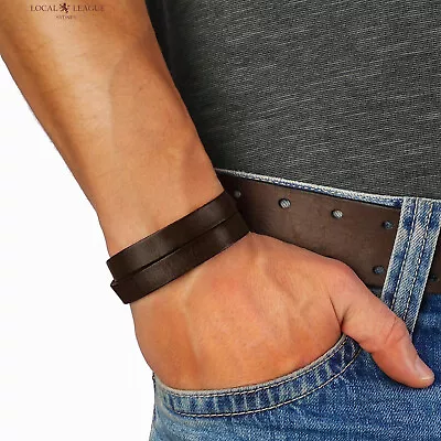 Mens LEATHER Bracelet ADJUSTABLE Surfer Wristband Black Brown Gift Him Men Boys • £9.45