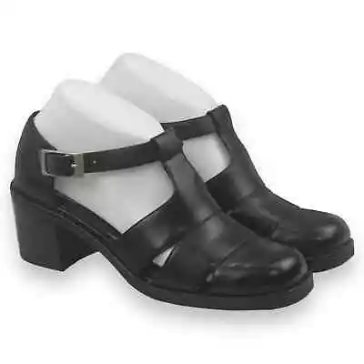 Vintage Y2K Chunky Mootsies Tootsies Leather T-Strap Shoe Sandal Heel Sz 7M Blk • $33.27
