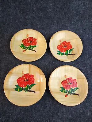 Set Of 4 Vintage Bamboo Coasters Or Snack Plates Tiki Bar Hibiscus Flower MCM • $12