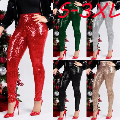 Women Plus Size Shiny Sequin Slim Leggings Pants Ladies Sexy Clubwear Trousers H • $23.03