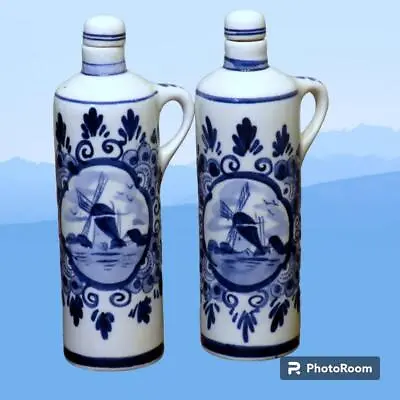 Pair Of Delfts Blue Decanter Hand Painted Windmill Design Vintage • $10