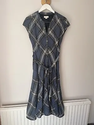 Monsoon Blue Check Plaid Tartan Wool Mix Tie Belt Shirt Dress 10 Fit And Flare • £15.40