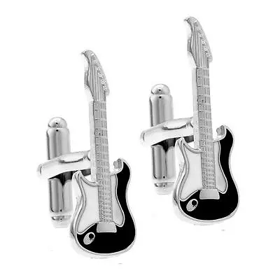 ELECTRIC GUITAR CUFFLINKS Black White Enamel NEW W GIFT BAG Rock Musician Player • $11.95