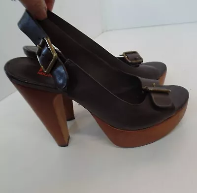 Michael Kors Brown Leather Wood Heels Leather Soles Open Toe Sandals Sz 5.5 • $40