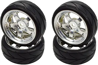 Apex RC Products 1/10 On-Road 12mm Chrome 5 Spoke Wheels V Tread Rubber Tires Of • $23.61