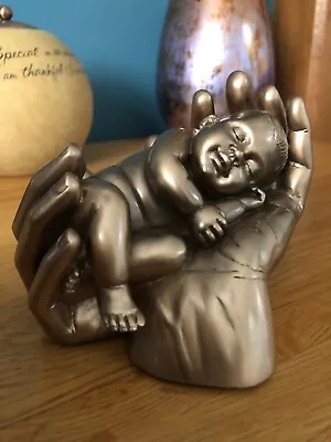 Cold Cast Bronze Baby In Hands Figure  Sweet Dreams  Sculpture Ornament Boxed • £27.95