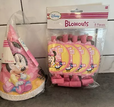 Disney Minnie Mouse 1st BIRTHDAY Party Supplies 8 Party Hats & 8 Blowouts - NEW! • $7.95