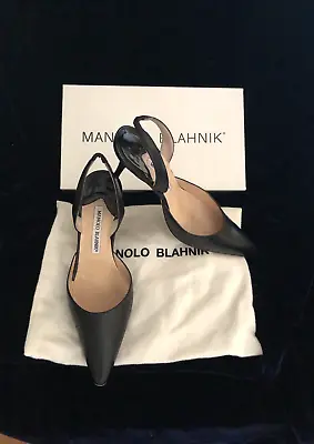 Manolo Blahnik Ultimo Carolyne Black Sling Back Stilettos 37  W Box & Dust Bag • $115