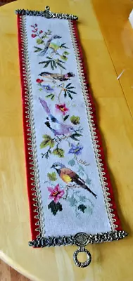 Vtg Needlepoint Hanging Bell Pull Birds Wool Velveteen Flowers 30  X 8  • $39.99