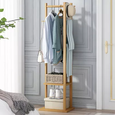 Versatile Bamboo Coat Stand Corner Clothes Rack Garment Shelf Hanging Rail Hooks • £28.95