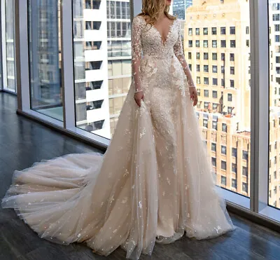 Luxury Mermaid Wedding Dress With Detachable Train V-neck Long Sleeve Bride Gown • $152.90