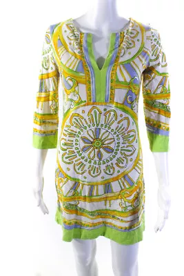 Barbara Gerwit Womens 3/4 Sleeve Y Neck Sheath Dress Yellow Green Blue Small • $42.69