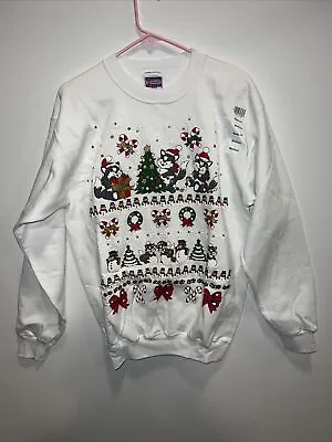 VINTAGE 90’s Christmas Holiday Graphic Crewneck Sweatshirt Men Medium White • $12.74