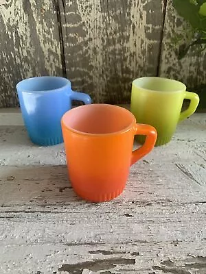 Set Of 3 Vintage FIRE KING Glass Coffee Cups Mugs~ Orange Green Blue • $12