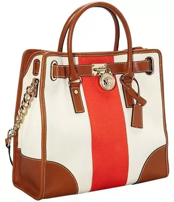 🌞michael Kors Hamilton Center Stripe Canvas Luggage Leather Large Ns Tote🌺nwt • $213.89