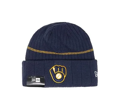 NEW ERA Men Women Beanie Milwaukee Brewers Navy Blue Stretch Ribbed Lined Knit • $15