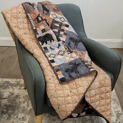 Donna Sharp Kila Quilted Throw Blanket Lodge Cozy Log Cabin Bear Moose Brown Tan • $29.95