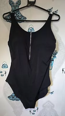 Black Flattering Zip Front Tummy Control Swimming Costume By F & F Size 18 • £5.50