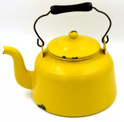 Vintage Yellow Enamel Teapot With Handle • $19.95