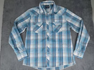 Vintage Wrangler Shirt Mens XL Blue Plaid Lightweight Blend Pearl Snap Western • $26.95