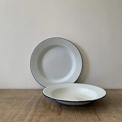 Vintage Style Enamel Plate & Bowl Serving Dish White Blue Camping Kitchenalia X2 • £10