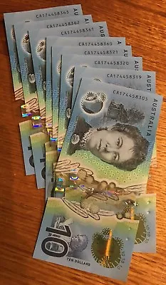 🌟5x AUSTRALIAN NEW $10 Dollar 2017 POLYMER BANKNOTES - CA CONSECUTIVE Number⭐️ • $119.95